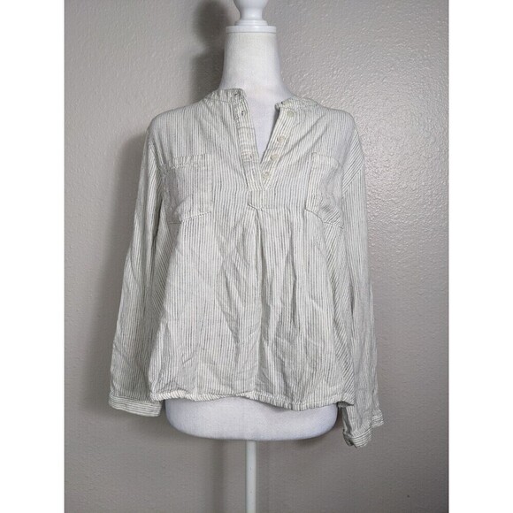 Mod Ref Blue & White Stripe Buttons Tunic shirt Top Size Small Petite Cotton N33 - Picture 1 of 8